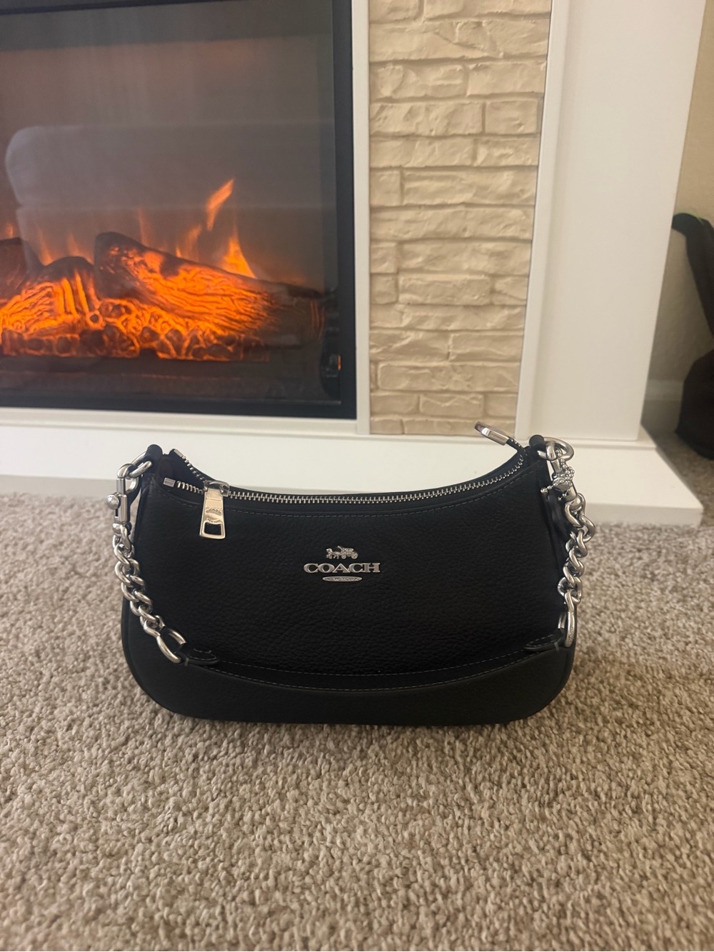 Coach Black Pebbled Leather Shoulder Bag with Silver Chain